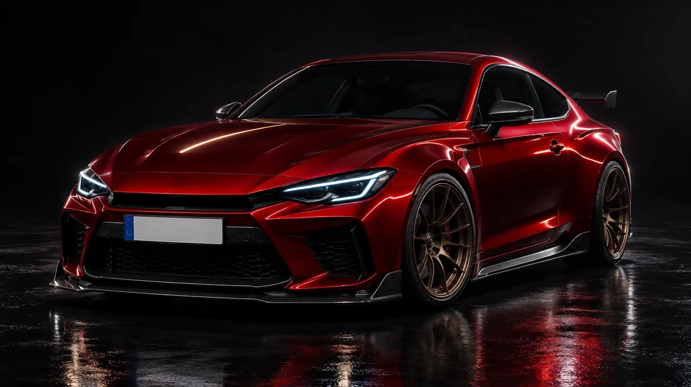 Rotes Sportcoupé von vorn, darauf das eingetippte Kennzeichen als 3D-Kennzeichen